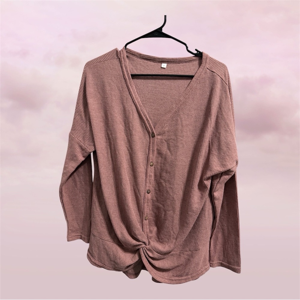 Button-Front Waffle Knit Top with Twist Hem - Dusty Mauve